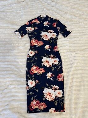 SHEIN Navy Floral Mock Neck Midi Dress